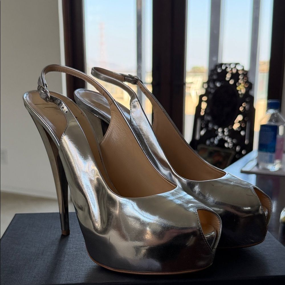 Giuseppe Zanotti Silver Peep-Toe Platform Heels 42